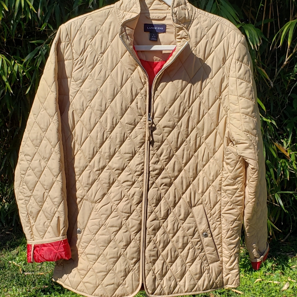 Lands End Beige Red Interior Thin Quilted Puffer Jacket Zipper Pockets Large
